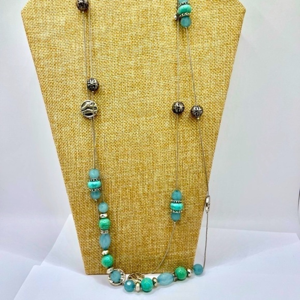 Long Stations Green Bead Necklace with Silvertone 60” Versatile